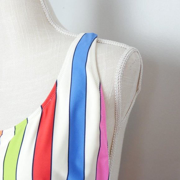 NWOT Aerie White Neon Rainbow Striped Full Coverage One Piece Bathing Suit XL - Picture 5 of 11
